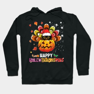 Black Cat Halloween And Merry Christmas Happy Hallothanksmas Hoodie